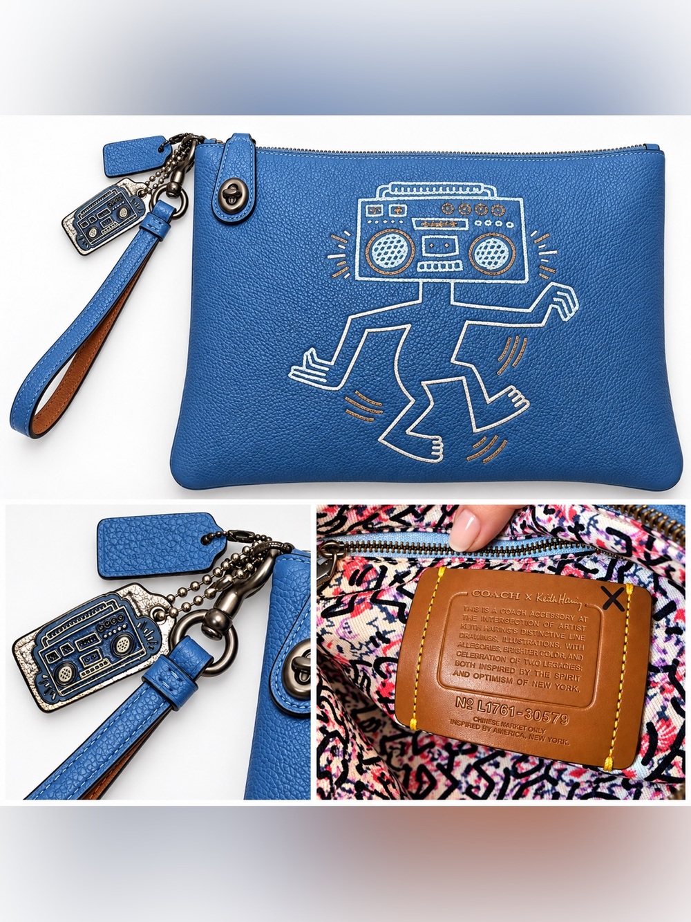 RARE Coach x Keith Haring XL Turnlock 30 Boombox Wristlet Blue Leather 30579